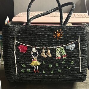 Magid NWT Vintage Black Woven Tote Bag with Embroidered Design gingham liner